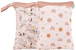 MOMIGO 2 pcs/set Wet Dry Bags for Baby Cloth Diapers - Reusable, Washable for Stroller, Diapers, Toiletries, Travel Bags, Beach, Pool, Gym Bag with Two Zippered Pockets 11.8 * 15.7 inch (Leaf&Sun)