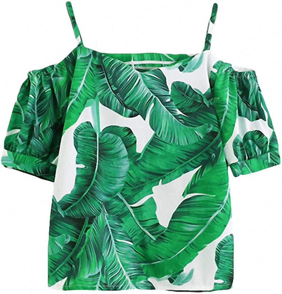 Green Casual Blouse NEW Women Palm Leaf Print Sexy Cold Shoulder Summer