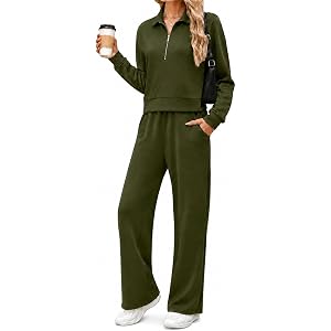Vividcrate Womens 2 Piece Outfits Lapel Baggy Half Zip Sweatshirts Business Outdoor Travel Outfits