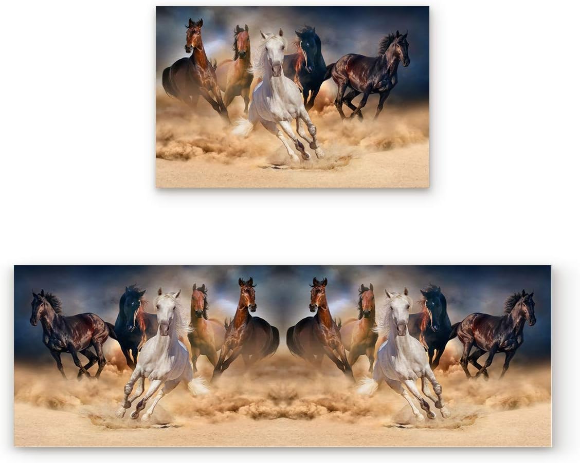 Fantasy Star Kitchen Rugs Sets 2 Piece Floor Mats Running Horse Doormat Non-Slip Rubber Backing Area Rugs Washable Carpet Inside Door Mat Pad Sets (15.7" x 23.6"+15.7" x 47.2")