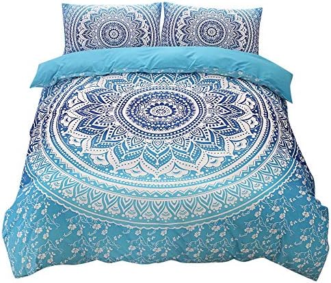 Dovet Cover Set Plus 2 Pillow Shams Mandala Printing Bedding Set Stylish Bohemian 3PC Bedding Set Queen (Blue)