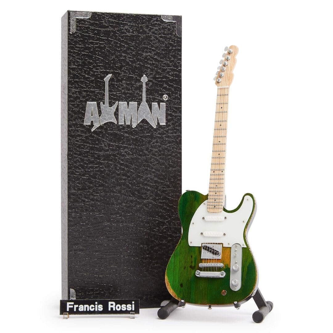 Francis Rossi (Status Quo): Distressed Green Miniature Guitar Replica - Music Gifts - Handmade Ornamental 1/4 Scale - Includes a Display Box, Name Tag and Miniature Guitar Stand
