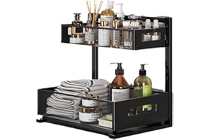 Fravnevi Under Sink Organizer, Multifunctional 2-Story Pull-Out Cabinet, Height-Adjustable Slide-Out Storage Rack for Kitchen