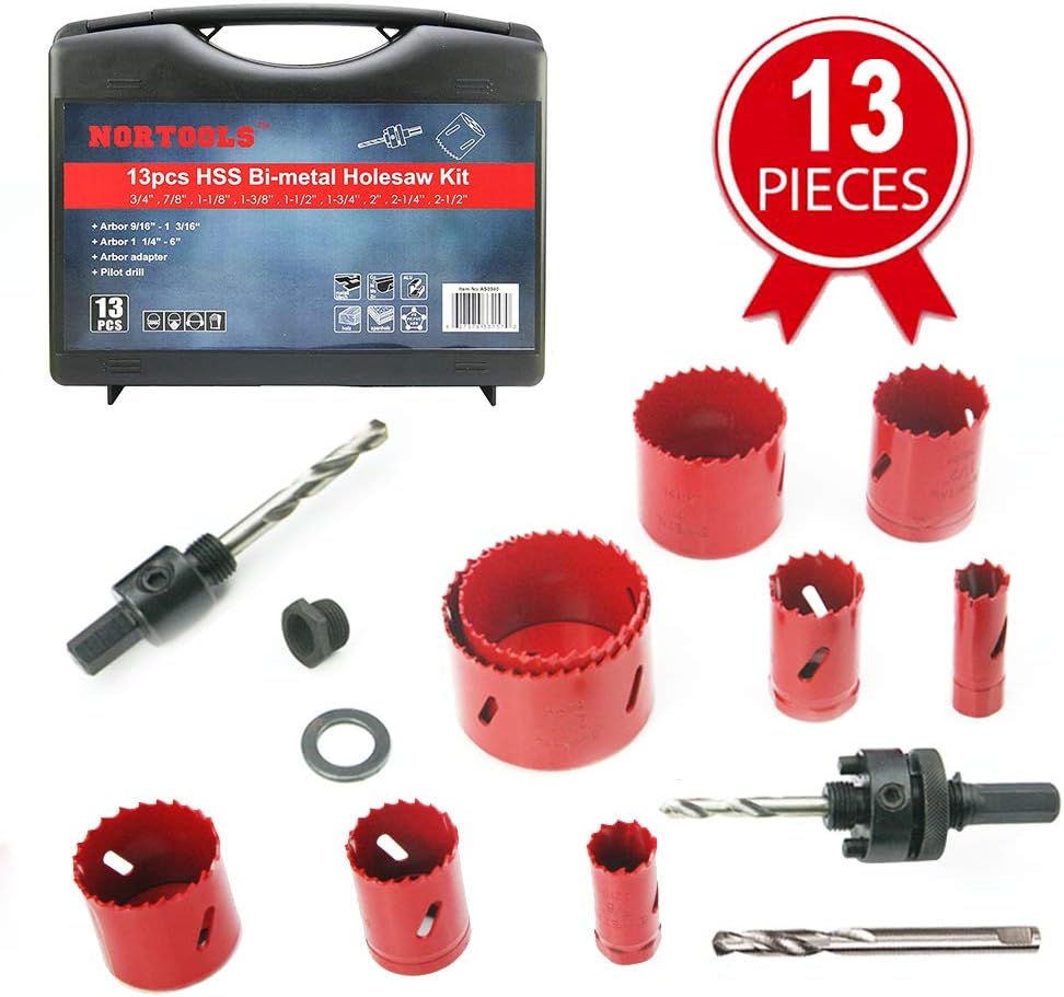 NORTOOLS Hole Saw Sets HSS Bi-metal Cutting Hole Saw Kit PRO for Wood PVC Board Plastic Plate Hard metal Hardwood MDF 9/13 Pcs
