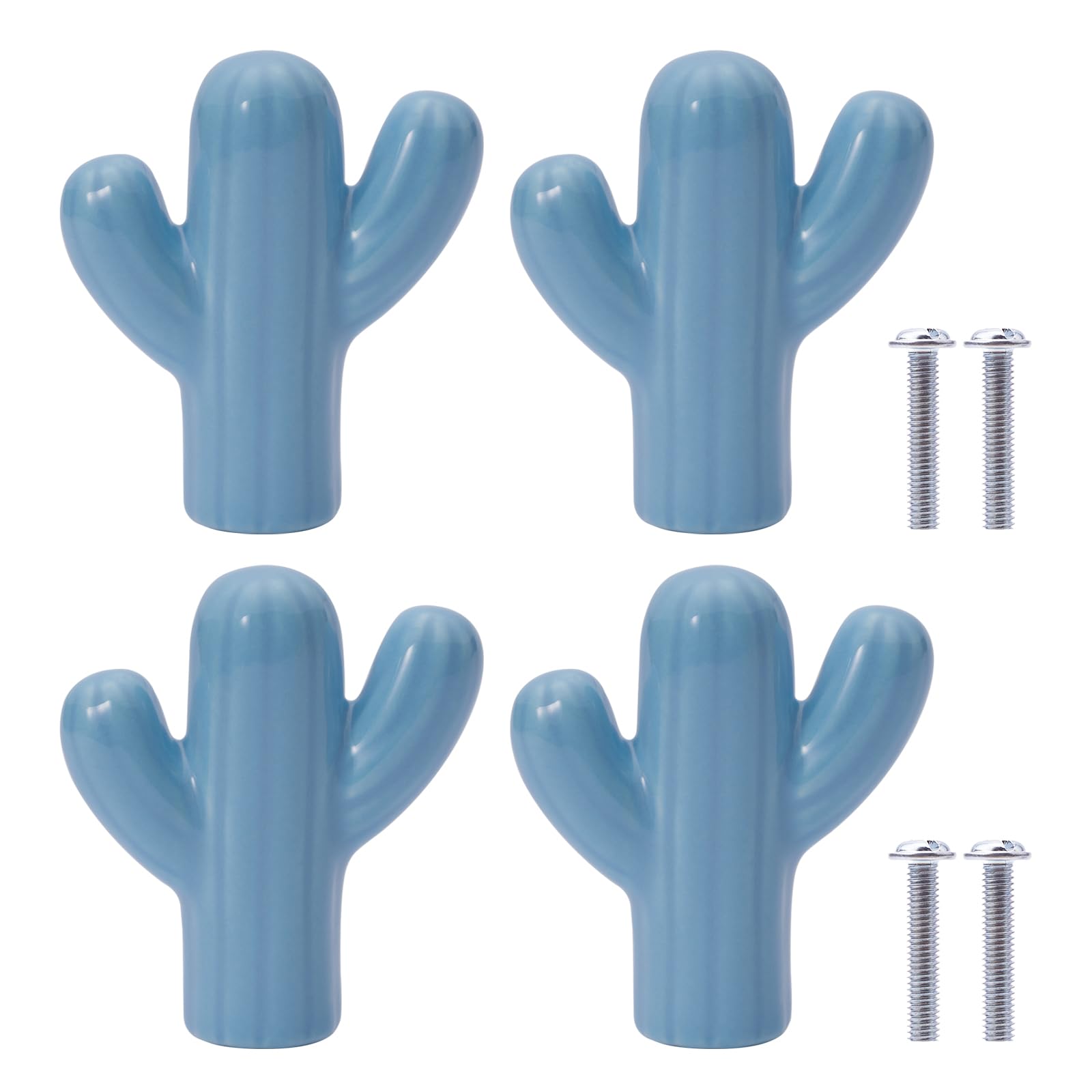 NAKUPENDA Set of 4 Ceramic Door Handles, Furniture Knobs, Cactus Shape, Cupboard Drawer Knobs, Knobs for Children's Room, Kitchen, Cabinets, Bookshelf (Blue)