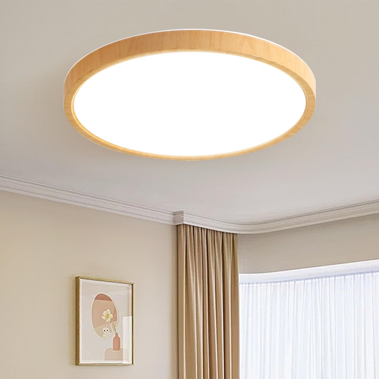 Schindora Wood Grain LED Ceiling Lights Flush Mount,Ultra-Thin Modern Ceiling Light,24W 3000K/4000K/6000K Selectable,Round Ceiling Lighting for Living Room Kitchen Lounge Hallway Home