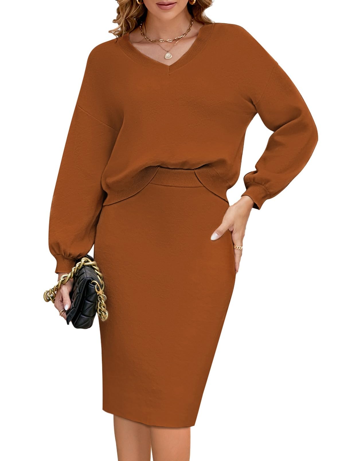 Photo 1 of Pink Queen Sweater Skirt and Top Set for Women 2 Piece Knit Outfit Club Going Out Midi Pencil Skirt Dress Burnt Orange S
