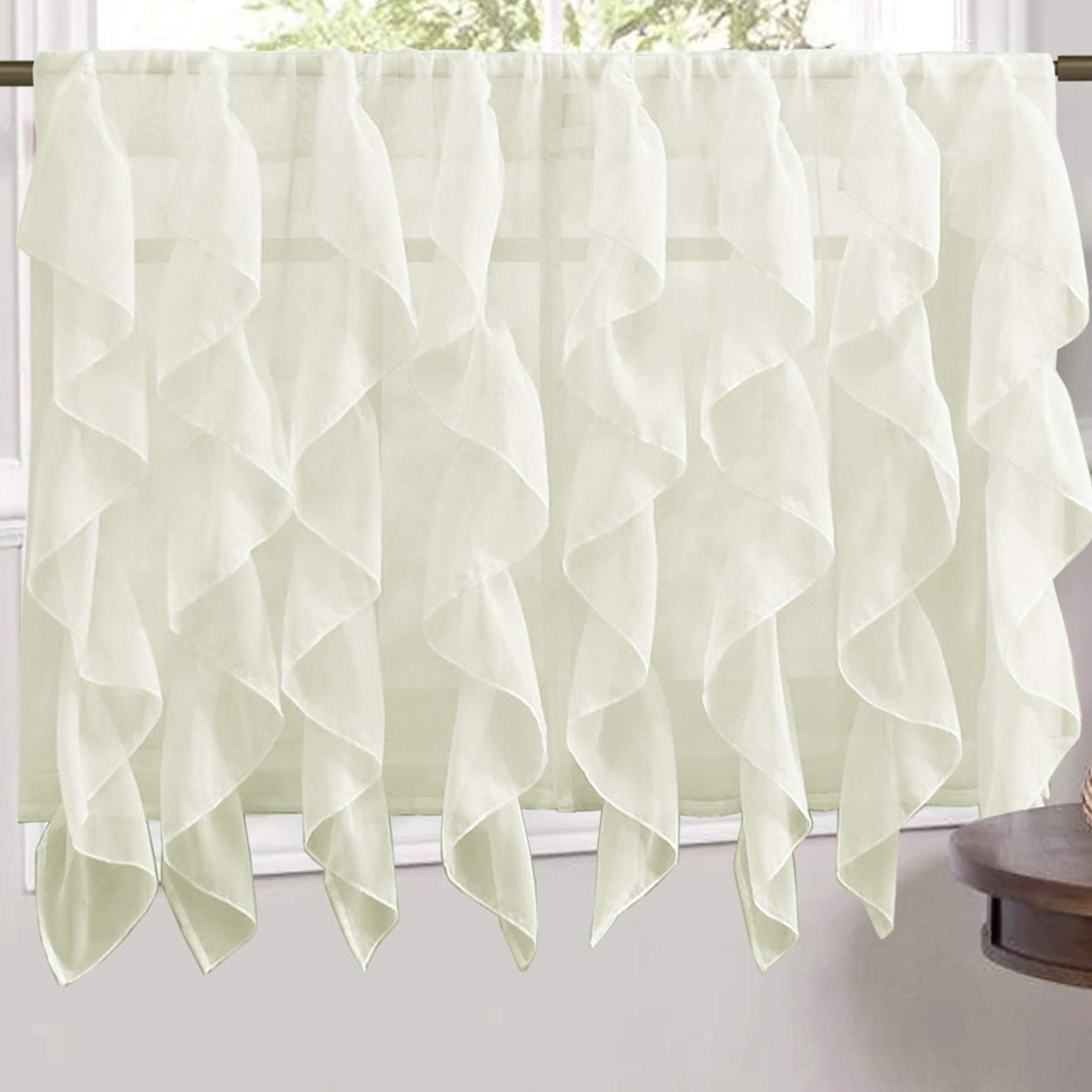 Sweet Home Collection Veritcal Kitchen Curtain Sheer Cascading Ruffle Waterfall Window Treatment-Choice of Valance, 24" Teir, and Kit, 36 in Tier Pair Only, Ivory