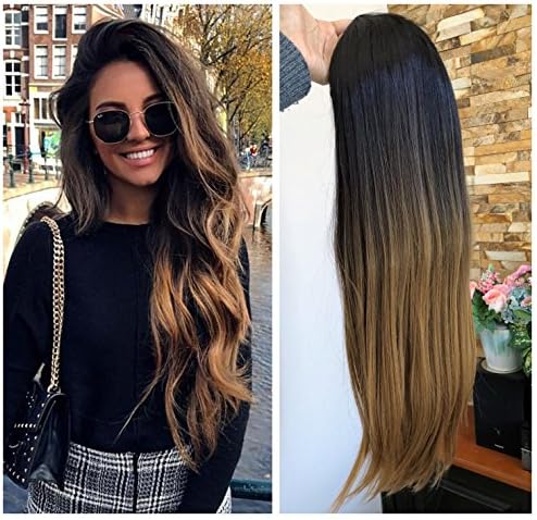 24 Inches No Front Parting Half Head Wig Long OMBRE 3/4 Weave Brown Blonde (Straight- Natural black/dark blonde)