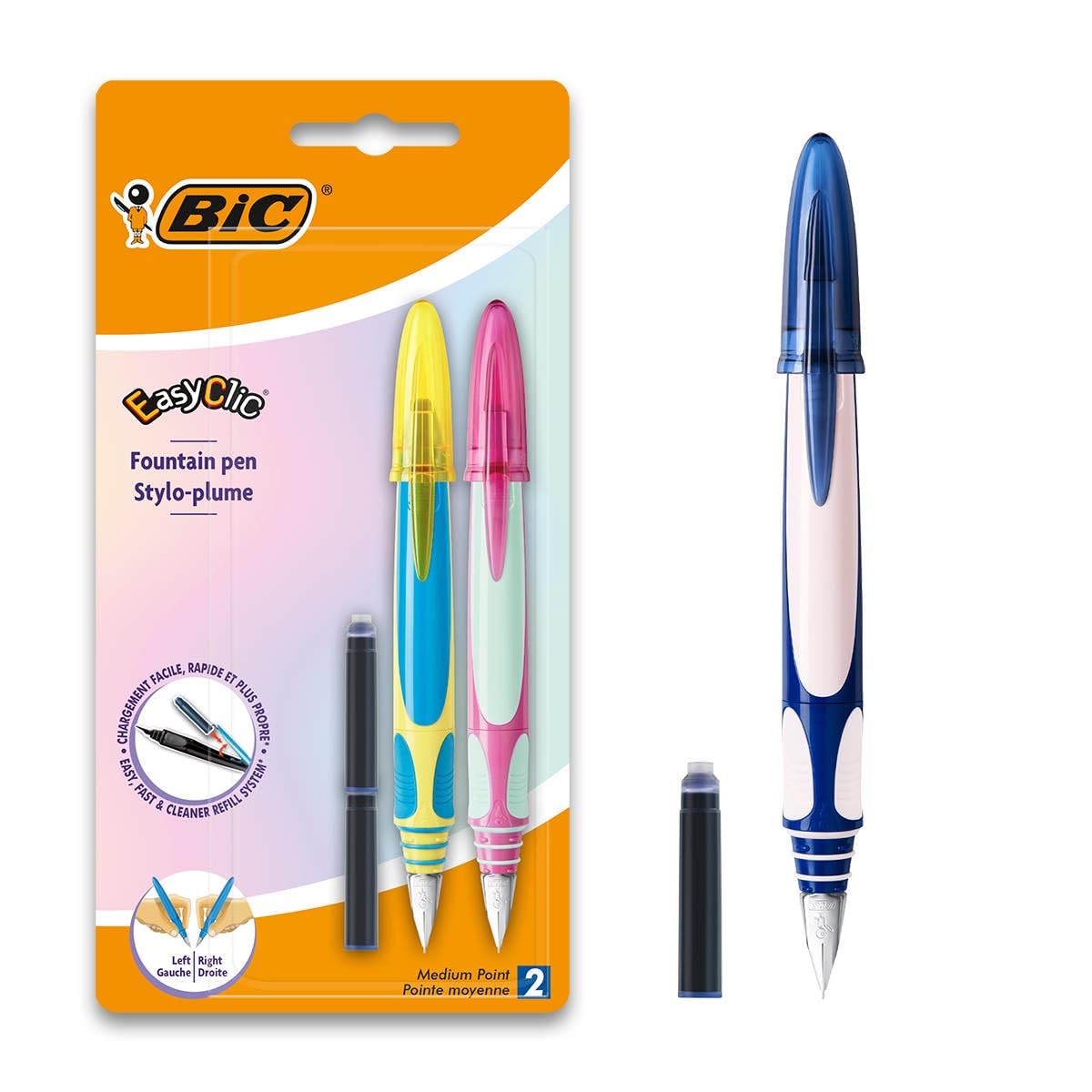 BIC EasyClic Assorted Colour Fountain Pens (Pack of 2), Blue,Green,Red,Pink