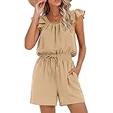 Btaiuo Women's Summer Casual Square Neck Romper Ruffle Sleeves Drawstring Jumpsuit with Pockets