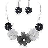 EVER FAITH Flower Collar Necklace, Faux Pearl Floral Summer Beach Statement Choker Necklaces Dangle Earrings for Women, Handmade Fashion Boho Party Prom Jewelry Accessories