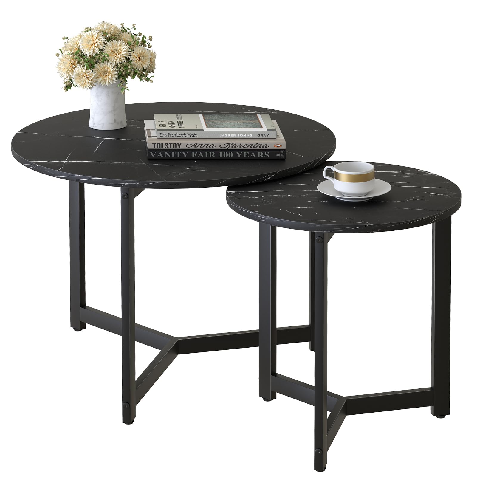Wolawu Coffee Table Black Round Nesting Table for