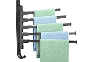 Swivel Towel Rack, 5-Arm Rustproof Space Saving Wall Mounted Towel Holder with Bottom Hook, 180° Rotating Arms, Thickened Alu