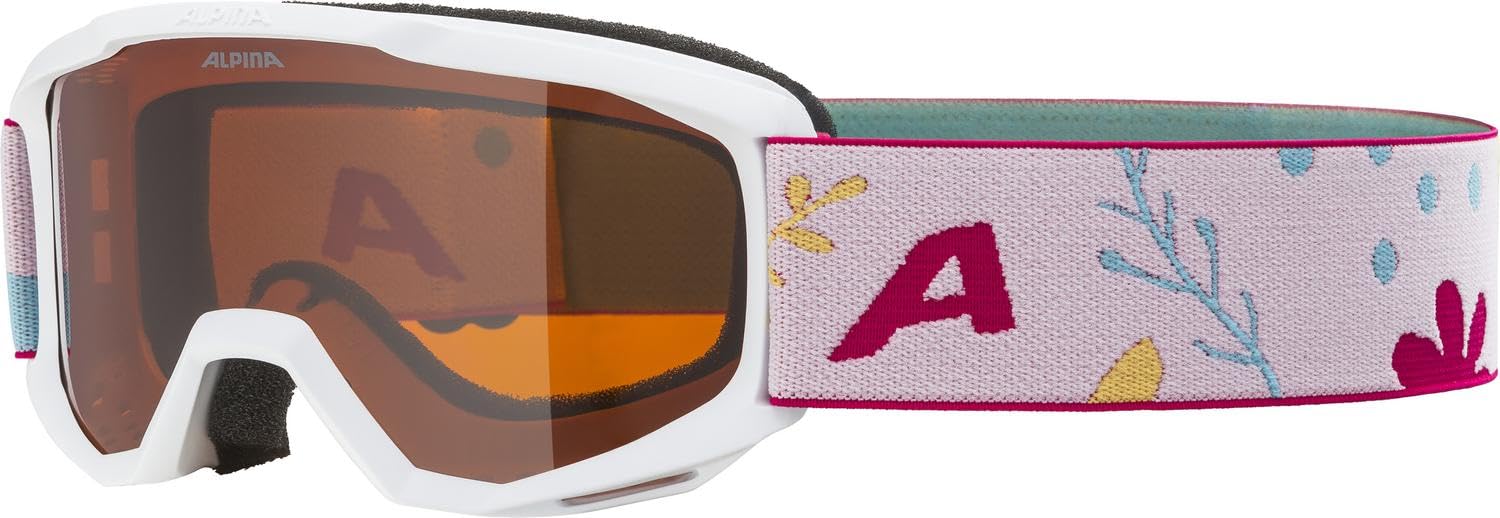 ALPINA Piney Anti-Fog, Extremely Robust and Shatterproof Ski Goggles with 100% UV Protection for Children, Matte White Flower, One Size