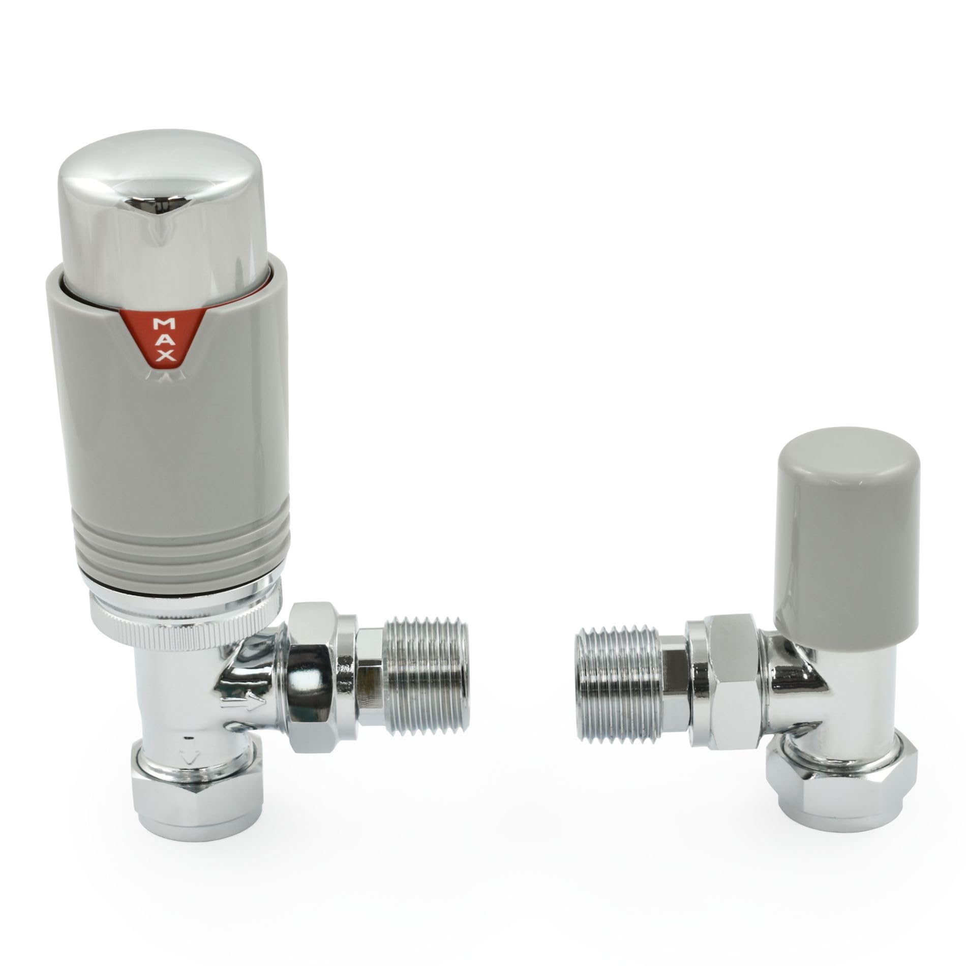 Thermostatic Radiator Valve Chrome & Silver-Grey Angled TRV – Style (Chrome & Silver-Grey)