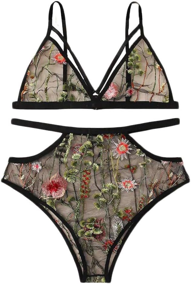 Sexy Floral Embroidered Lingerie for Women Lace Teddy Bodysuit Straps Halter Sheer Mesh Underwear