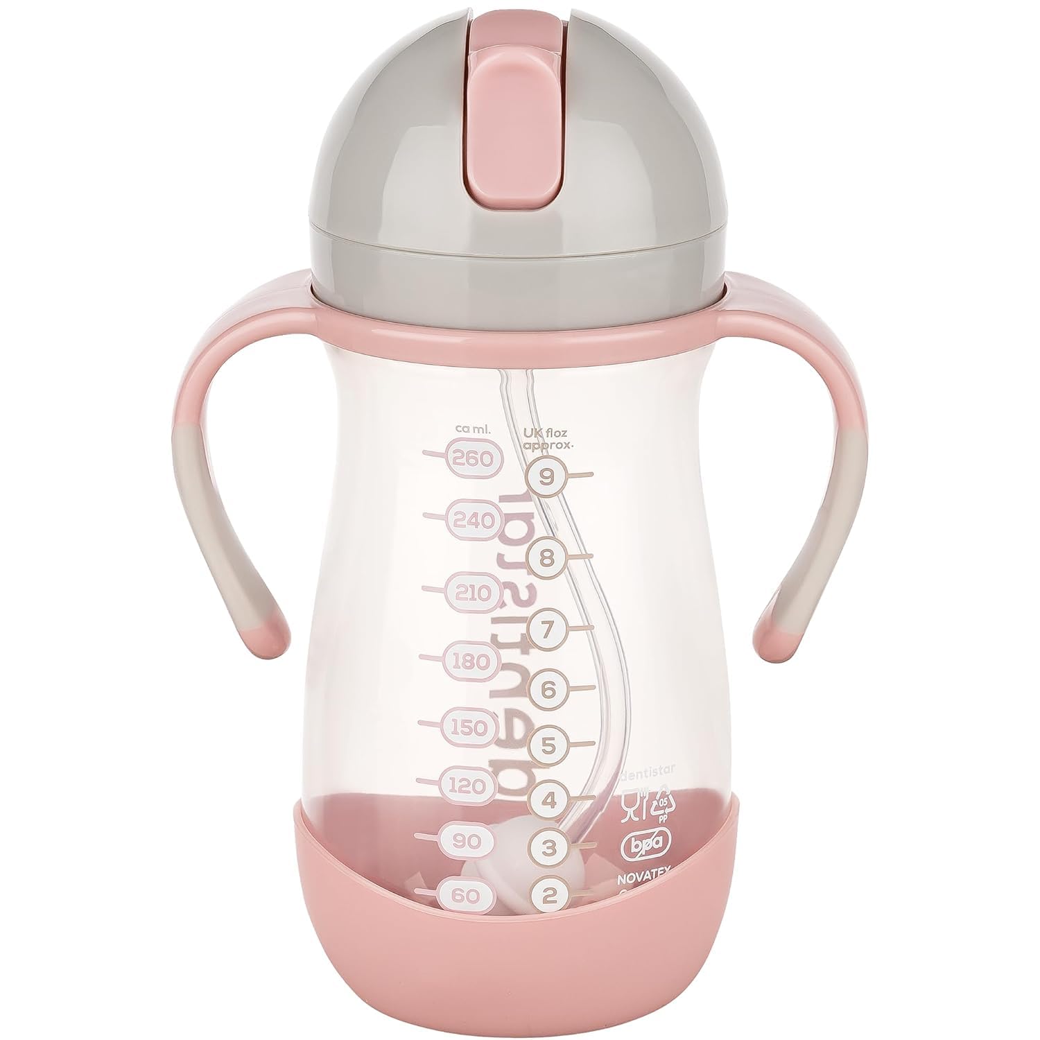 Dentistar Straw Cup 260 ml - Baby Bottle with Dynamic Straw from 6 Months - Leak-Proof Baby Drinking Bottle with Non-Slip Handles Including Cleaning Brush - BPA - Pink