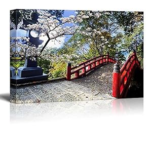 Light Post Next to a Red Bridge on a Japanese Garden - Canvas Art Home Art - 12x18 inches