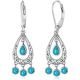 BETHZA Turquoise Earrings 925 Sterling Silver Bohemian Style Turquoise Teardrop Dangle Earrings Tribal Ethnic Jewelry Gift for Women