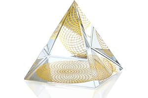 KRISININE 2.3 inch Crystal Pyramid with Gold Painted Sun Glass Egyptian Pyramid Statue Figurines Crystal Spiritual Healing Decoration for Yoga Meditation Gifted Box