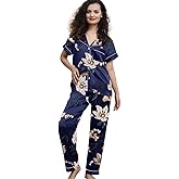 WJing Yi Jia Womens Pajamas Set XS-3XL Floral Silk Satin Pajama Sets Silky Pj Sets 2Pcs Loungewear Sleepwear Button Down Pjs