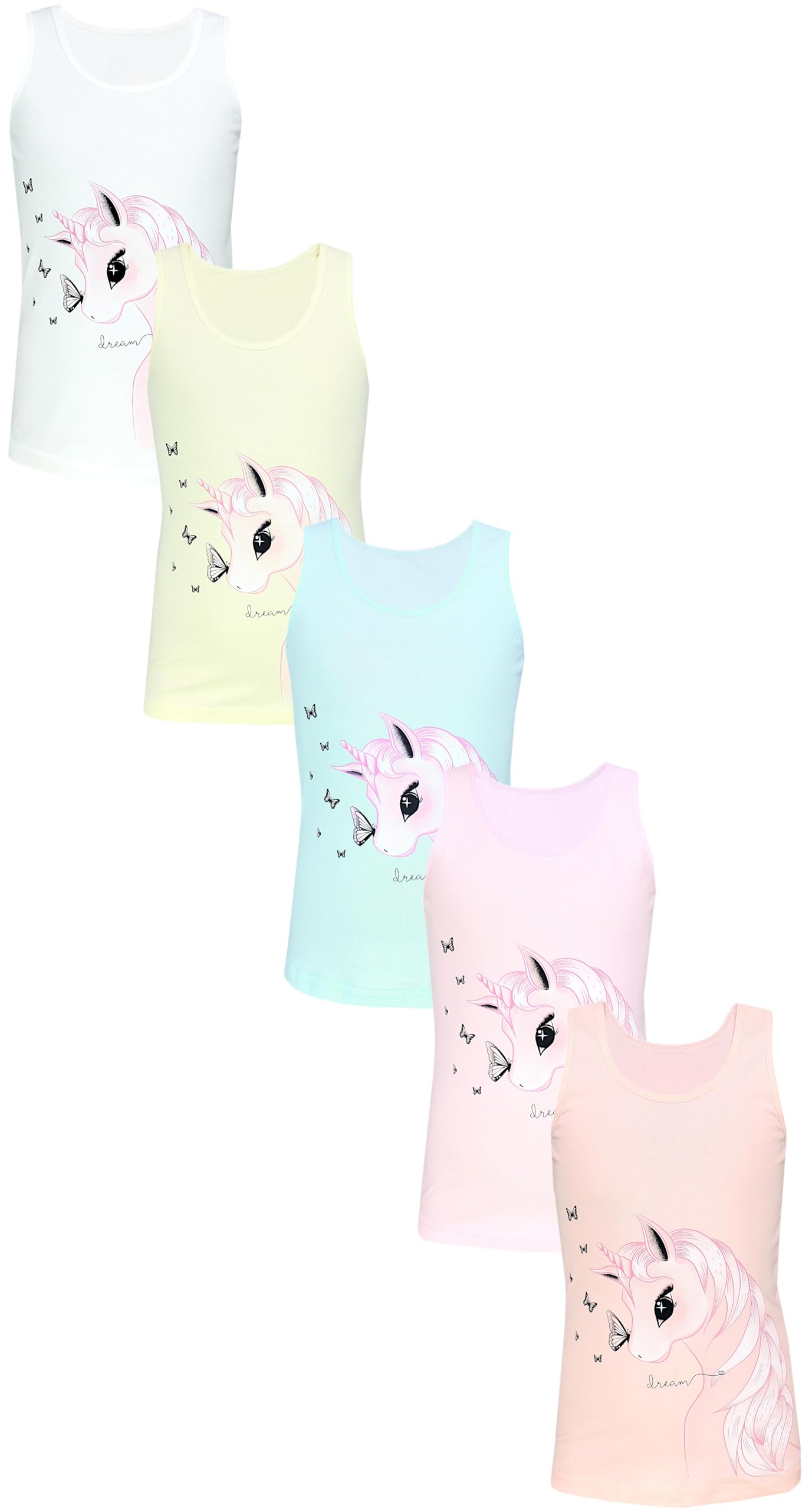 TupTam Unterhemden Mädchen Baumwoll Unterhemd 5er Pack Tank Top Ärmellos Kinder, Farbe: Einhorn Schmetterlinge Rosa Grau Gelb, Größe: 122-128