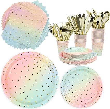 Amazon Com 168 Party Tableware Set Gold Polka Dot Party Supplies Set Including Plates Napkins Cups Cutlery Disposable Tableware Kit Party Favors For Girl Baby Shower Birthday Bachelorette Wedding Party Serves 24