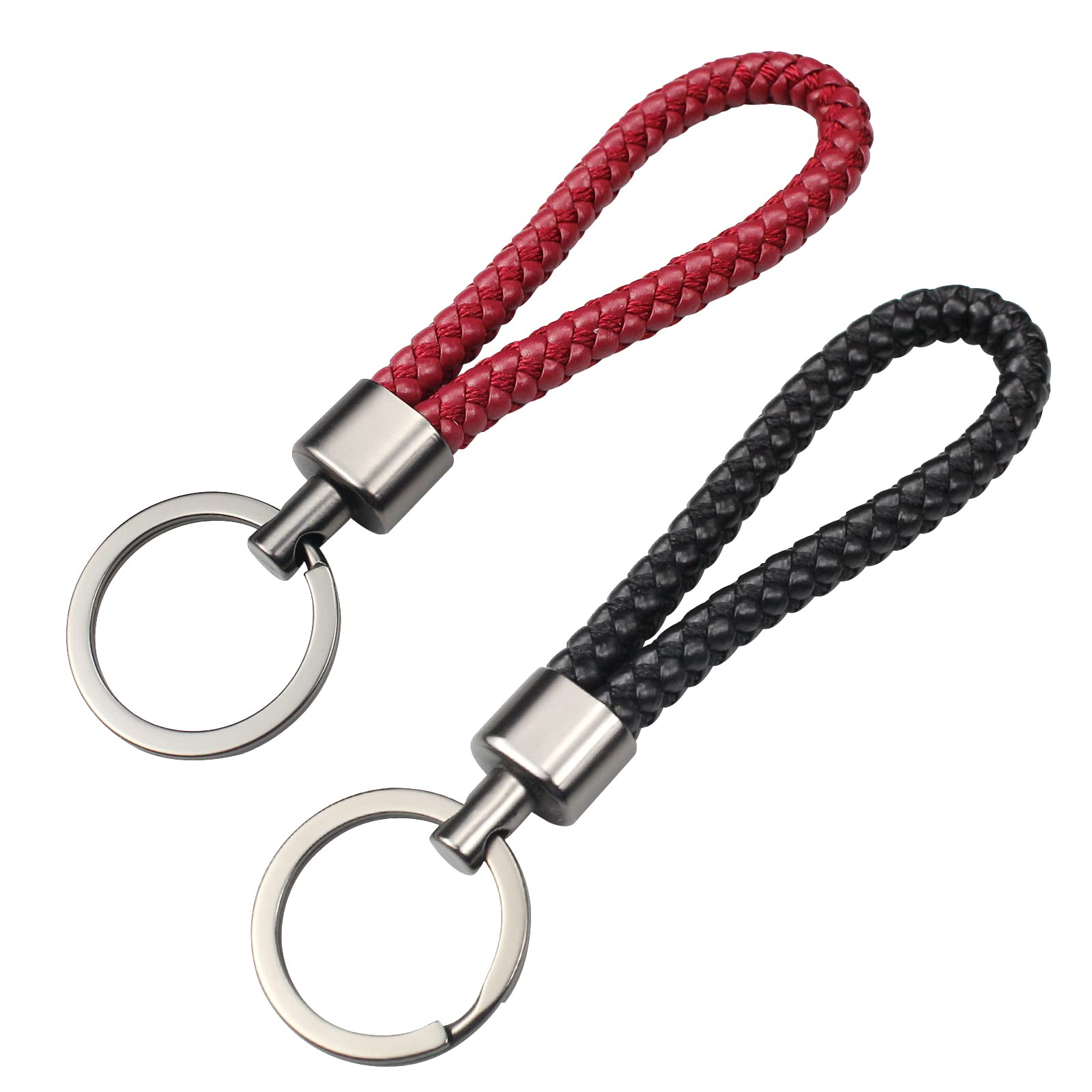 inodiref 2 Pcs Braided Leather Keychains PU Leather Strap Keyring Braided Strap Keyring Car Braided Keychain,for Car Home Office Keys (Red and Black)