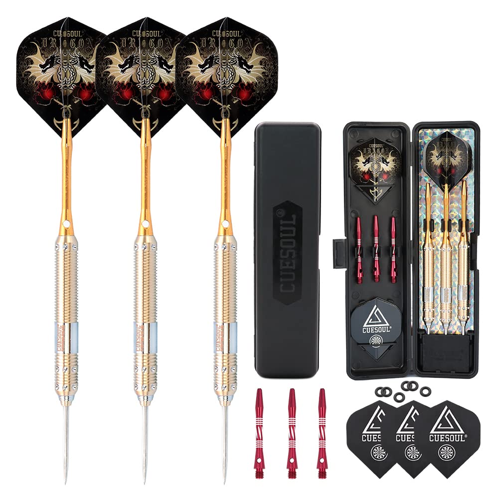 CUESOUL Dragon Series Steel Tip Darts Set 23 Grams Brass Barrels Durable Aluminum Shafts Great Grip Accuracy Good solid Accurate Darts Case Portable (JL-SL-J2101)