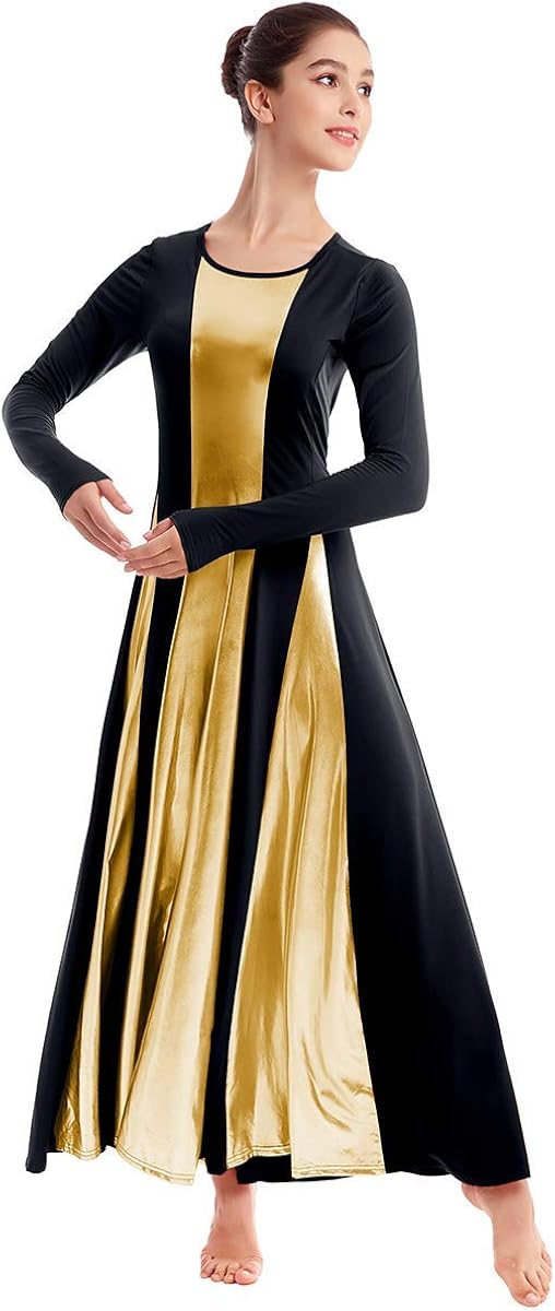 IBAKOM Womens Liturgical Praise Lyrical Dance Dress Loose Fit Full Length Metallic Color Block Long Sleeve Worship Costume: Clothing
