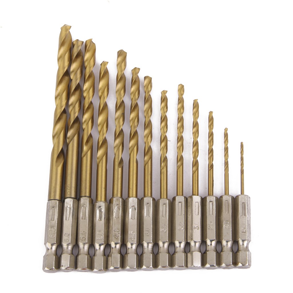 13 Pcs Hex Shank Twist Drill Set Titanium Coated HSS Drill Set,1/4” Hex Shank HSS Drill Bits, 1.5mm-6.5mm, Drill Bits Heavy Duty for Longer Life,High Speed Steel Quick Change for Woodworking, Plastic
