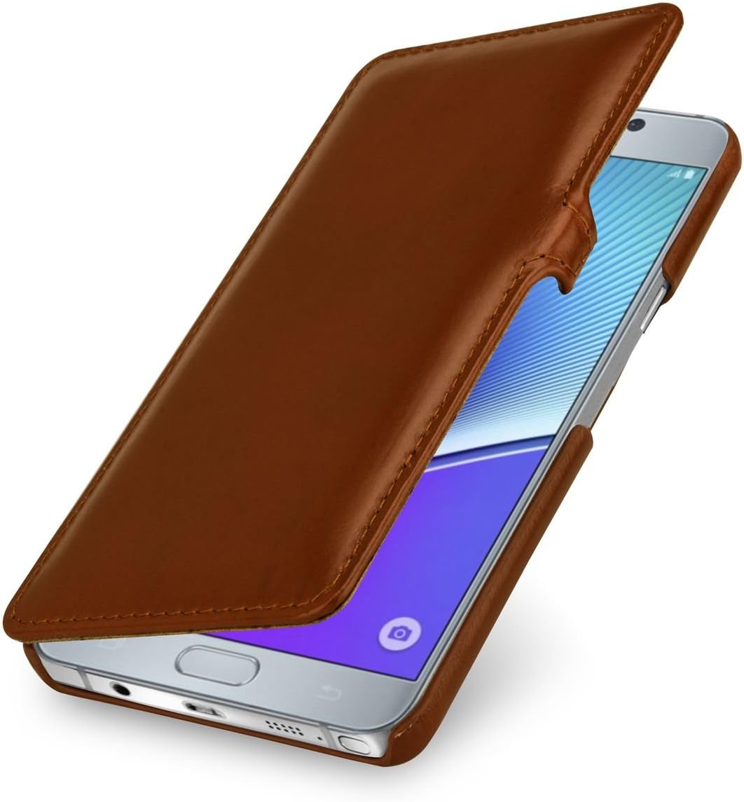StilGut Book Type with Clip, Genuine Leather Case, Cover for Samsung Galaxy Note 5, Cognac Brown