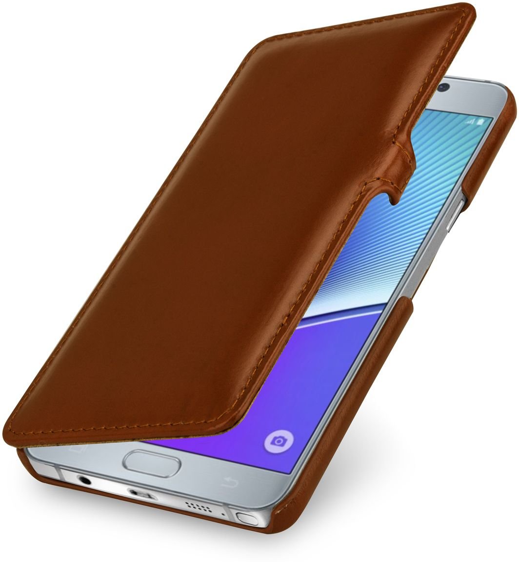 StilGut Book Type with Clip, Genuine Leather Case, Cover for Samsung Galaxy Note 5, Cognac Brown