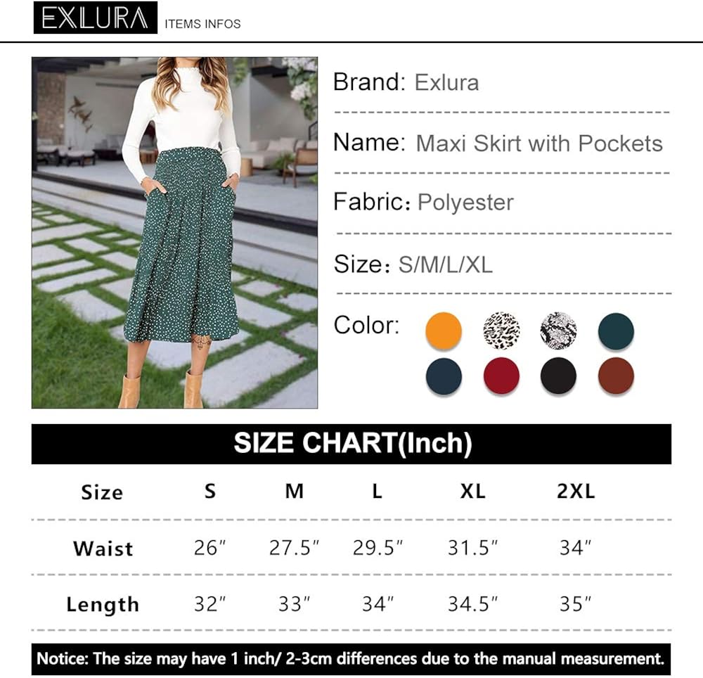 Exlura Womens High Waist Polka Dot Pleated Skirt Midi Maxi Swing Skirt with Pockets at  Women’s Clothing store