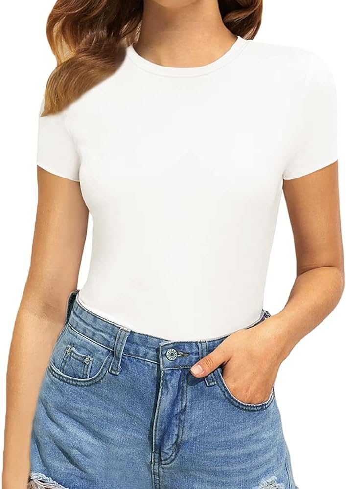 MANGOPOP Women's Round Neck Short Sleeve T Shirts Basic Bodysuits: Clothing