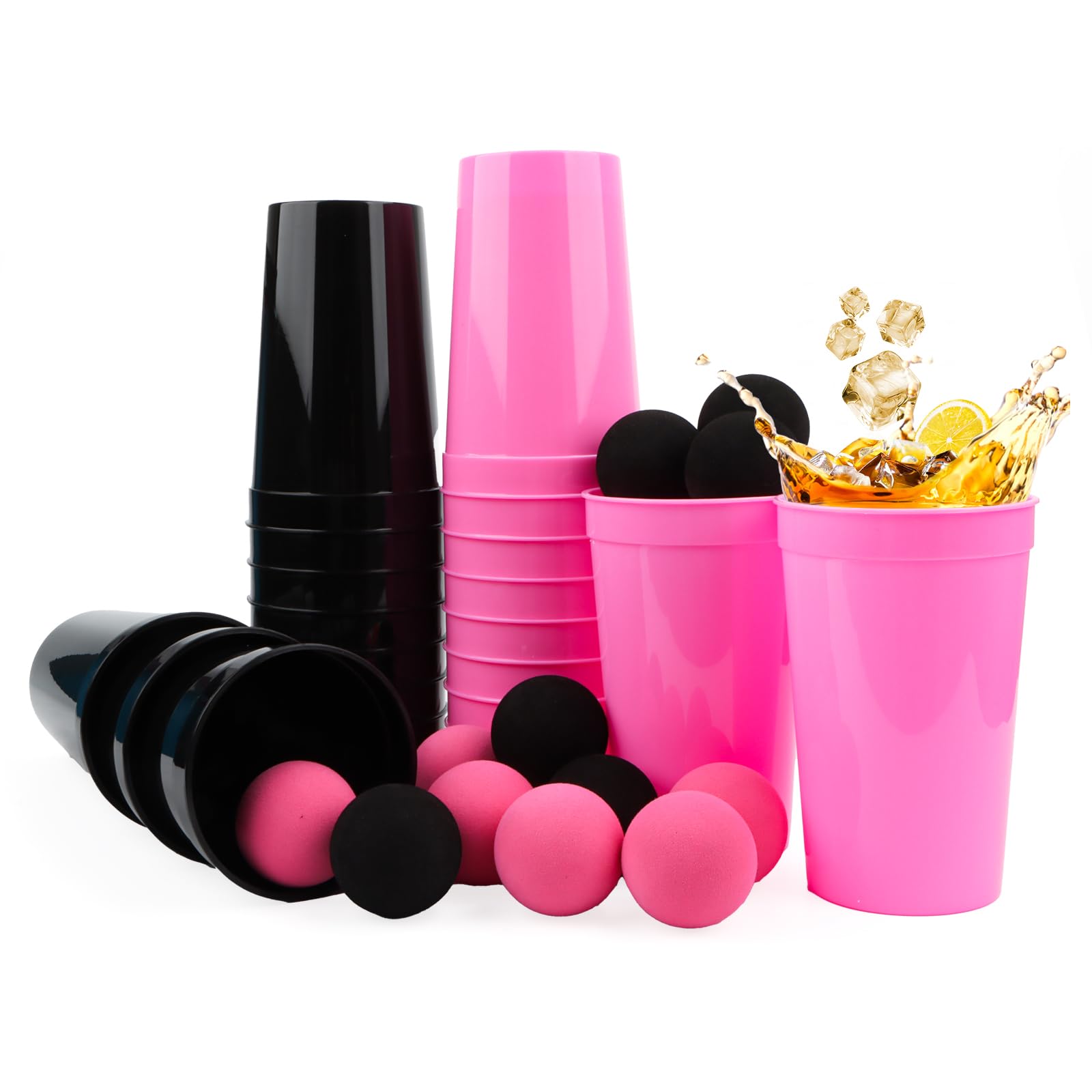 Yooyan 34 Pcs Beer Pong Cup Set, 22 Cups (24 oz), 12 Balls（40mm, Black and Pink Beer Pong Cups, Reusable 700ml Party Cups, Hard Plastic Party Cups for Birthdays, Weddings, Picnics, Family Party