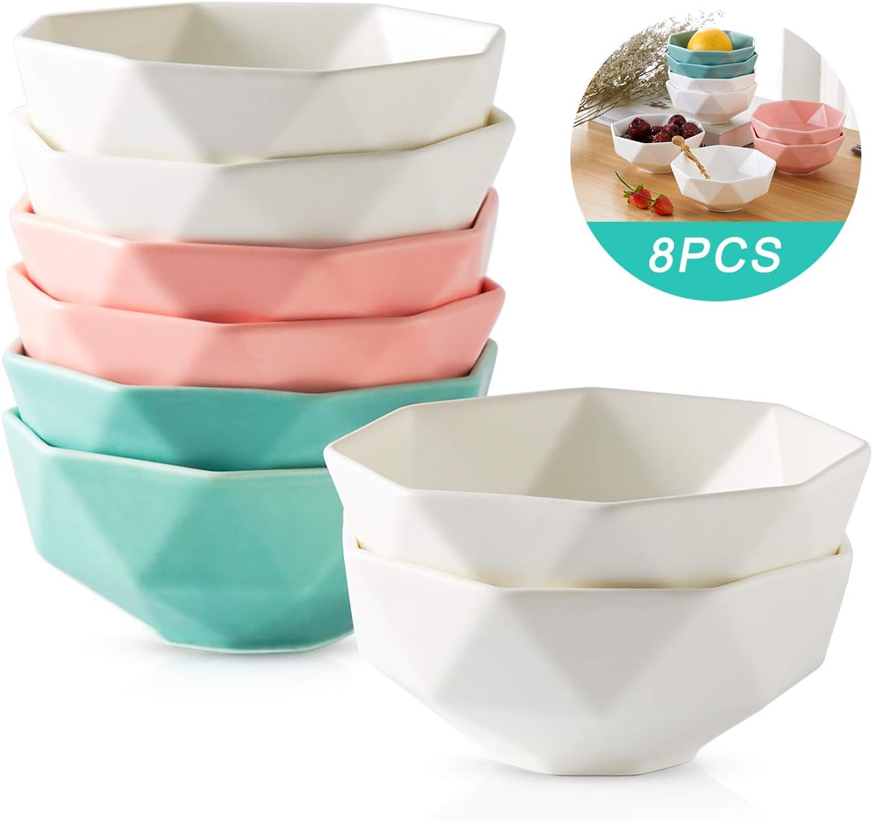 4.5 inches Matte Porcelain Bouillon Cups - 9 Ounce Small Bowls for Ice Cream, Dessert, Small Side Dishes,Fruit - Dishwasher Microwave Safe - Set of 8(4-White,2-Pink,2-Blue)