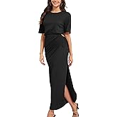 Yulaviniee Women's Summer Maxi Tshirt Dress Short Sleeve Crewneck Tie Waist Casual Slim Fit Slit Long Dresses