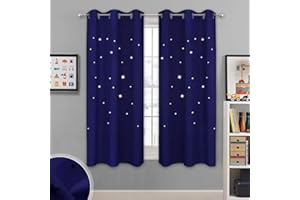 NICETOWN Blackout Curtains for Bedroom, Star Cutout Theme Window Treatments, Light Blocking Curtains & Drapes for Kids Room/Thanksgiving (42W X 63L, 1 Set, Navy Blue)