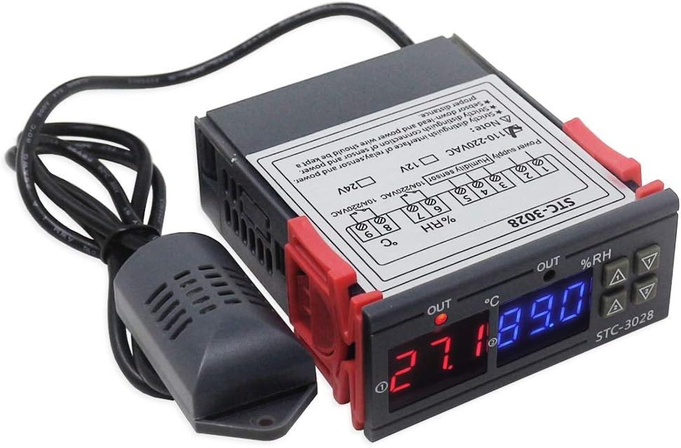 DollaTek Temperature Humidity Controller 220V 2 Relays STC-3028 with Temperature Humidity Sensor Probe Dual Thermostat Humidistat Controller