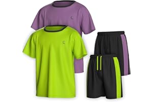Essenclo Boys Clothing Sets Tagless Loose Athletic Performance Crew Neck T-Shirt and Short Outfits Size 3-16 (4 Piece Set)