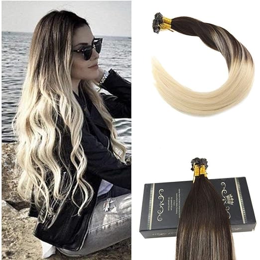 24 Inch Flat Tip Hair Extensions Keratin #4/60 Dark Brown to Lightest Blonde Ombre Glatt Pre Bonded Remy Keratin Extensions O