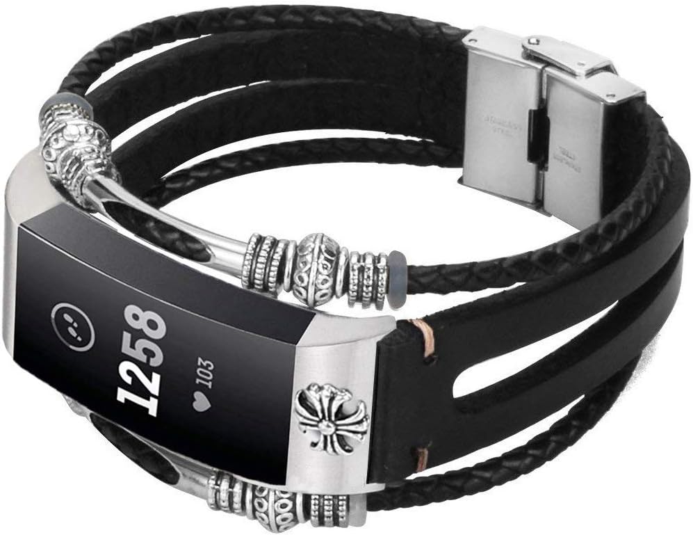 Azadodo Leather Bands Compatible with Fitbit Charge 3, Vintage Genuine Leather Replacement Bracelet Jewelry Wristband Strap Compatible with Fitbit Charge 3 (A - Black)