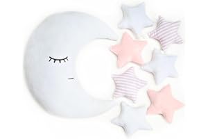Perfectto Design Kid’s Moon Decorative Pillow, Stars Garland for Girls Toddler Room - Fluffy Moon, Stars Wall Decor, Soft Cute Throw Pillow for Bed, Bedroom Boho Teepee Ornament Decoration