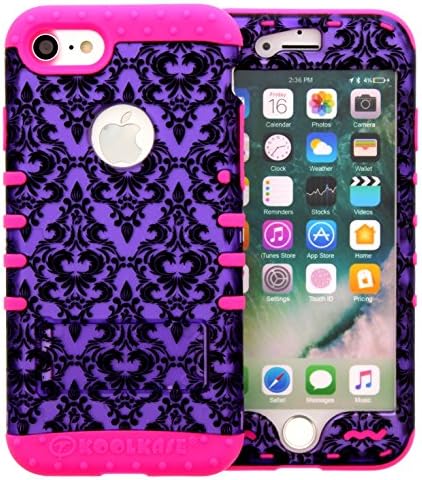 iPhone 8 Case, Hybrid Armor Shockproof Impact Kickstand Cover Case Purple Damask Flower snap On Black Skin for iPhone 8