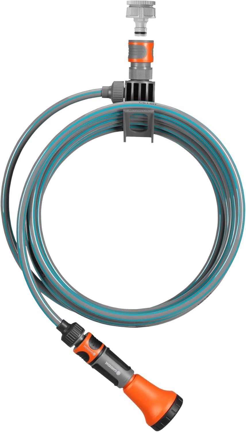 Gardena City Gardening Terrace Spiral Hose 7.5 m: Garden Hose with Integrated Hose Holder, 9 mm Hose Diameter, with Original Gardena System Parts and Shower (18411-20)
