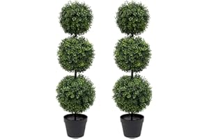 momoplant Artificial Topiary Ball Tree - 38 inch Triple Topiaries Boxwood Greenery Plant 【 2 Pack 】 Outdoor Lifelike with Black Pot