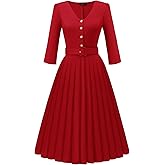 Dressystar Women's 1950s Vintage Long Sleeve Cocktail Party Dress Retro V Neck Belted Midi Rockabilly Prom Dresses