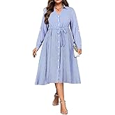 RITERA Plus Size Dresses for Curvy Women Long Sleeve Midi Casual Shirt Dress V Neck Button Down Work Dress with Pocket XL-5XL